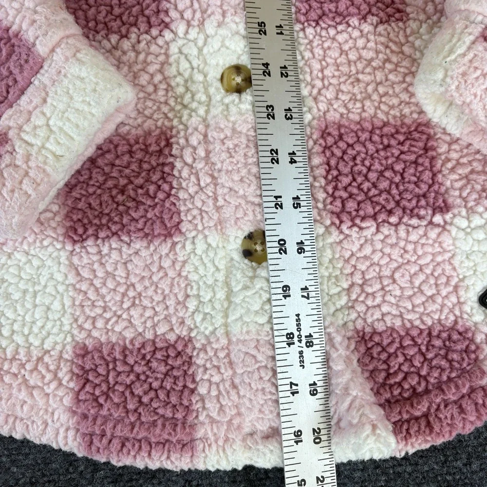 Roxy Shacket Girls XL Pink White Plaid Logo Sherpa Faux Fur Pockets READ
